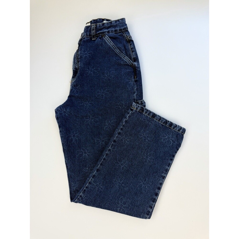Cotton On Floral Carpenter Jeans Size 8 Blue Wide Leg Cargo Pants High Rise - Picture 3 of 13